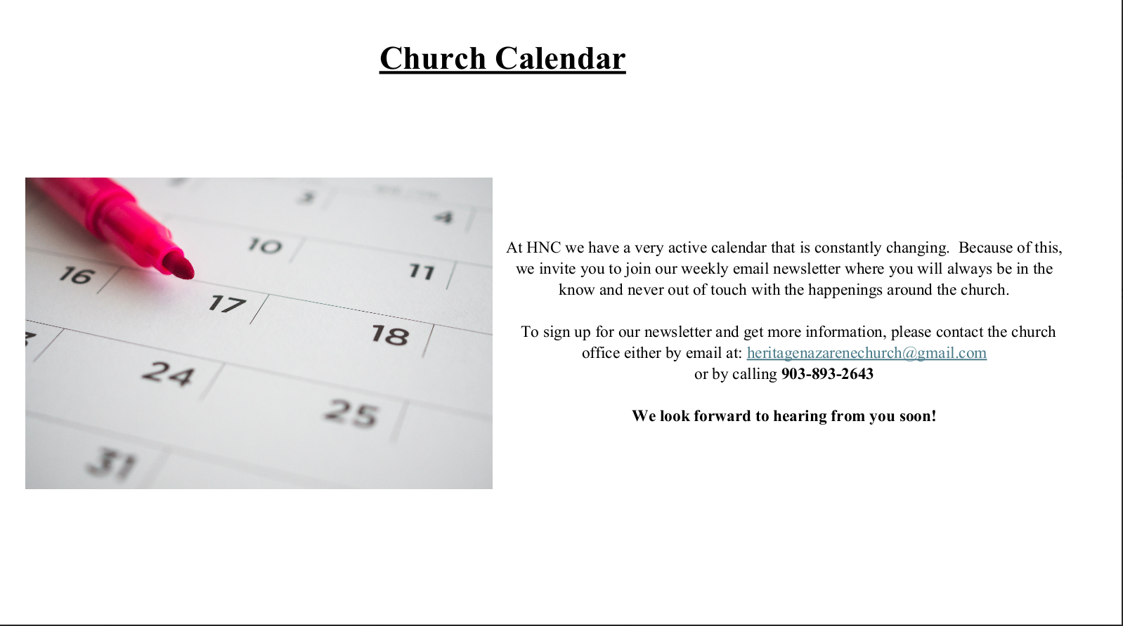 Calendar - Heritage Nazarene Church